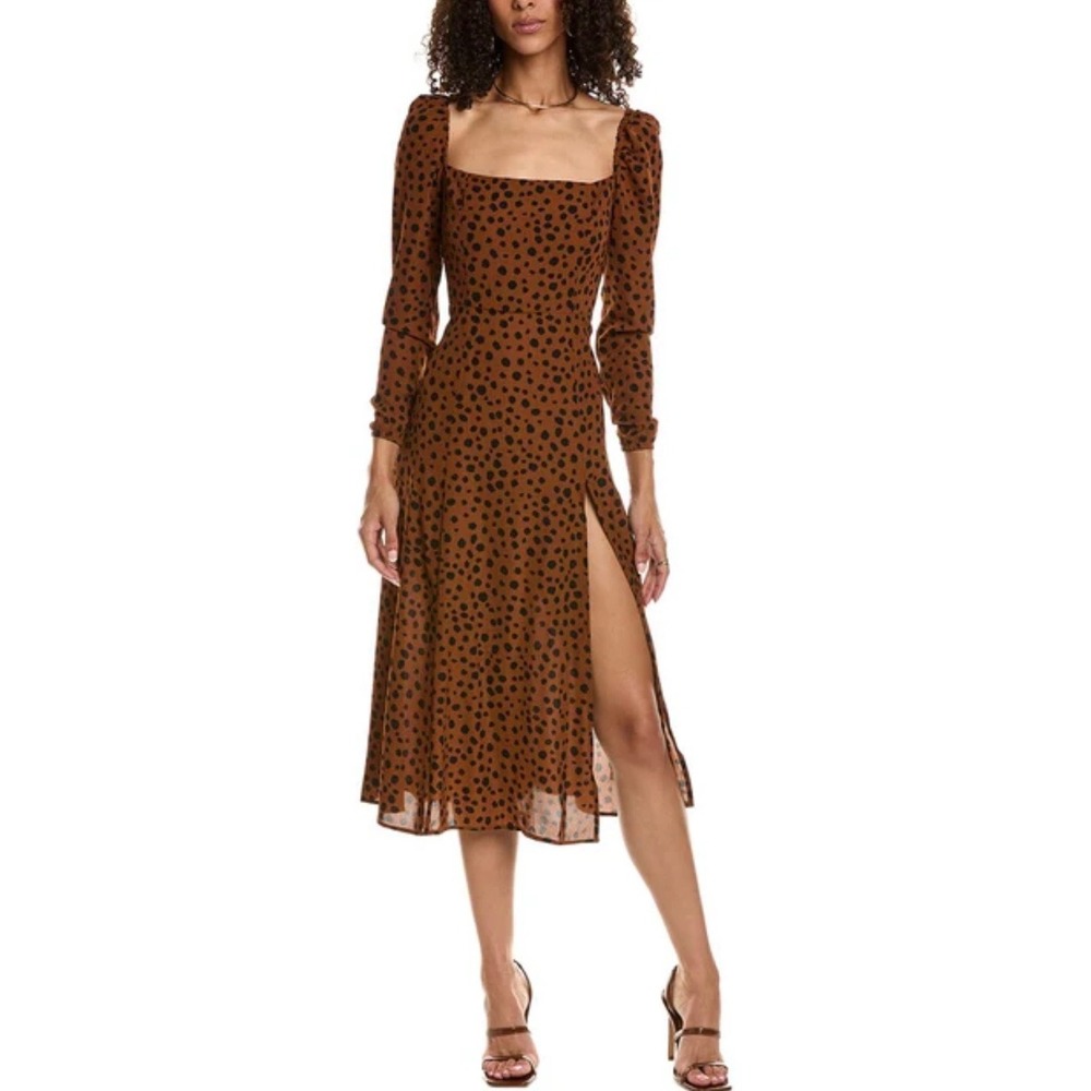 O.P.T. Lemon Midi Dress Brown Animal Print Size 2 Side Slit Square Neck Party